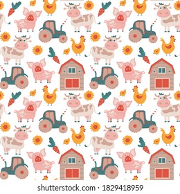 Seamless vector pattern with farm equipment and farm animals. Pig cow chicken hen barn and tractor repeat pattern with small elements like carrot and sunflower  