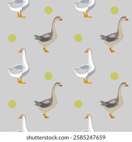 Seamless vector pattern with a farm theme. This pattern depicts domestic geese and green peas. Suitable for application to any surface, including looking great on fabric.