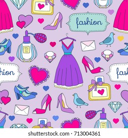 Seamless vector pattern with fashion accessories, dresses, shoes. Lovely design for fabric, wrapping paper, backgrounds.