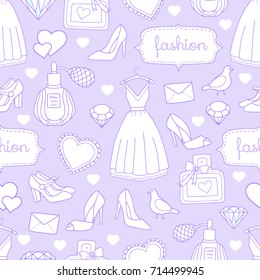 Seamless vector pattern with fashion accessories, dresses, shoes. Lovely design for fabric, wrapping paper, backgrounds.
