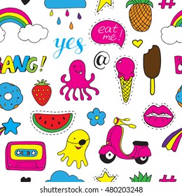 Seamless vector pattern with fashion patch badges. Hand drawn cartoon funny stickers. Modern doodle pop art sketch and inscriptions. Pins and icons. Bright elements. Embroidery, applique.