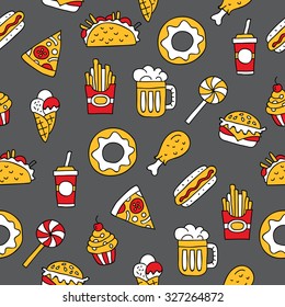 Seamless vector pattern of fast food icons on a dark gray background, hand-drawn.