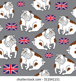 Seamless vector pattern with a fat bulldog and Union Flag on grey background 
