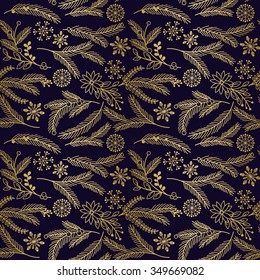 Seamless Vector Pattern of Faux Gold Foil Christmas Holiday Florals