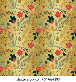 Seamless Vector Pattern of Faux Gold Foil Christmas Holiday Florals