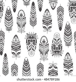 Seamless Vector Pattern with Feather. Boho Style Ornament.