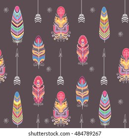 Seamless Vector Pattern with Feather. Boho Style Ornament.