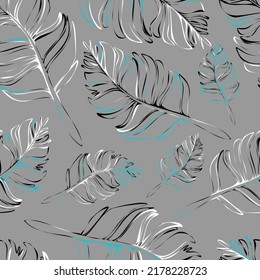 Seamless vector pattern with feather texture on grey background. Simple modern home decor wallpaper design. Decorative artistic leaf fashion textile.