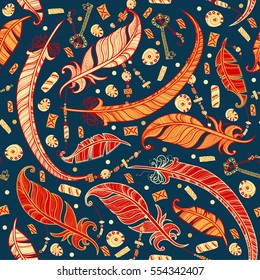 Seamless vector pattern with feathers, beads and keys in boho style.
