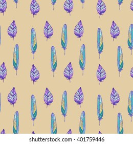 Seamless vector pattern with feathers in bohemian style on beige. Ink drawn vector illustration for prints, fabric, wrapping and other design.