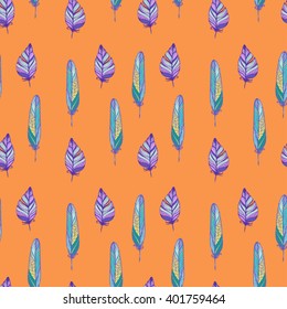 Seamless vector pattern with feathers in bohemian style on orange. Ink drawn vector illustration for prints, fabric, wrapping and other design.