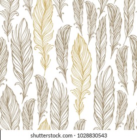 Seamless vector pattern with feathers on white background