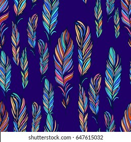 Seamless vector pattern with feathers on blue - violet background