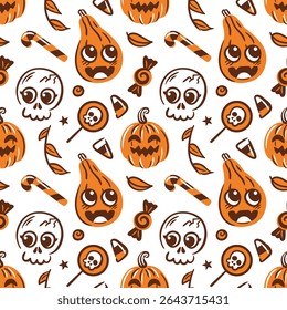 seamless vector pattern features adorable kawaii skulls, playful pumpkins, and colorful lollipops. for Halloween-themed projects, it blends fun and spooky elements in a visually appealing design.