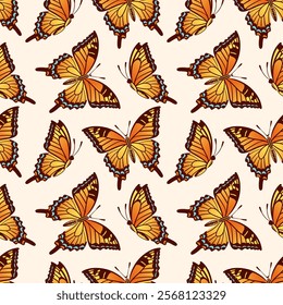 seamless vector pattern features the gracefully designed swallowtail butterfly, showcasing its striking colors and intricate details. Ideal for textiles, wallpapers, and other decorative uses