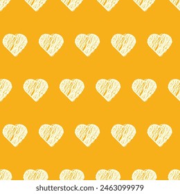 Seamless vector pattern features hand-drawn white hearts on a yellow background. Ideal choice for holiday cards, packaging and textiles. This pattern will also add a pop of color to your project.