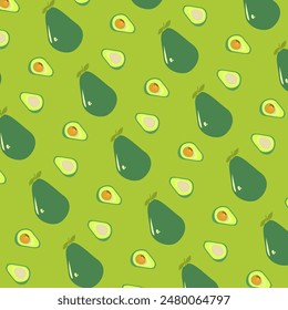 Seamless vector pattern features whole and halved avocados on a green background.Isolated cute pattern.