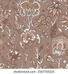 Seamless vector pattern featuring abstract leaf shapes in warm Mocha Mousse tones on a contrasting background. Ideal for wallpapers, fabrics, and digital design.