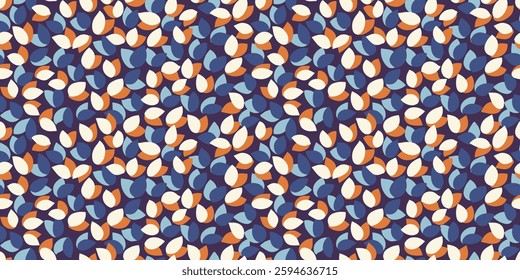 Seamless vector pattern featuring abstract petal like shapes in orange, blue, and white on a navy background. Modern, playful, and stylish, ideal for textiles, wallpapers, and branding.