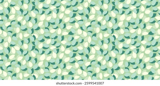 Seamless vector pattern featuring abstract petal like shapes in soft green, mint and white on a pastel background. Modern, playful, and stylish, ideal for textiles, wallpapers, and branding
