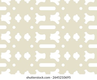A seamless vector pattern featuring an abstract geometric arrangement in muted tones of light beige and grey. The design consists of symmetrical, irregular shapes that create a subtle and sophisticate
