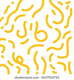 Seamless vector pattern featuring abstract yellow squiggles and curved lines on a white background. Playful and energetic hand-drawn doodle style, perfect for backgrounds, fabric, wrapping paper, kids