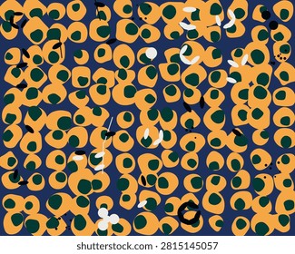 Seamless vector pattern featuring abstract yellow cell structures with dark green nuclei on deep blue background art.