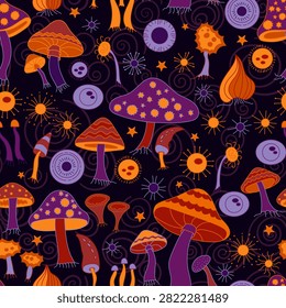 Seamless vector pattern featuring abstract trippy mushrooms, microbes, molecules, and cosmic elements in a neo-psychedelic style. Vibrant composition in a contrasting Halloween color palette of bright orange, deep purple, and violet on a dark background. Perfect for Halloween party decor, trippy apparel, psychedelic textiles, wallpaper, and creative packaging.