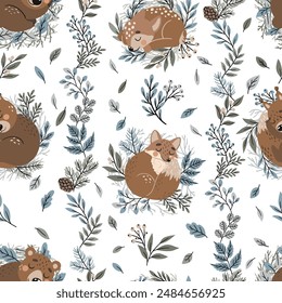 Seamless vector pattern featuring adorable reindeer, bear, squirrel, and fox. Perfect for fabric printing, wrapping paper, greeting cards, and nursery decor. 