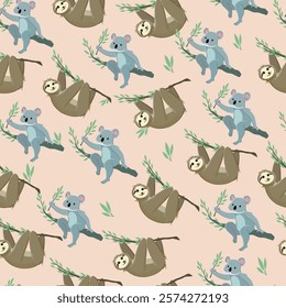 Seamless vector pattern featuring adorable koalas and sloths resting on tree branches against a beige background. Minimalist and child-friendly design, ideal for nursery decor, fabric, or wallpapers.