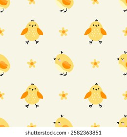 A seamless vector pattern featuring adorable yellow chicks with orange wings and tiny floral elements on a soft cream background. Perfect for Easter, spring decorations, kids' textiles, wrapping paper