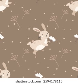 Seamless vector pattern featuring adorable hand-drawn bunnies with soft pastel floral elements, perfect for nursery textiles, children s clothing, and cozy wrapping paper