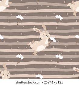 Seamless vector pattern featuring adorable hand-drawn bunnies with soft pastel floral elements, perfect for nursery textiles, children s clothing, and cozy wrapping paper