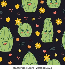 A seamless vector pattern featuring adorable hand-drawn cactus characters with expressive faces, surrounded by delicate flowers. 