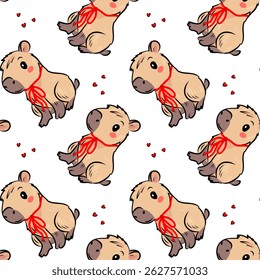 Padrão de vetor sem costura com capivaras de desenhos animados adoráveis segurando cartas de amor e buquês de rosa. Design romântico e brincalhão com corações e elementos de Valentim.
