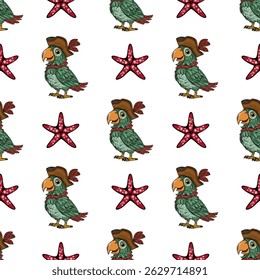Seamless vector pattern featuring adorable cartoon parrots in pirate hats and vibrant red starfish, creating a playful nautical design perfect for kids apparel or festive backgrounds.