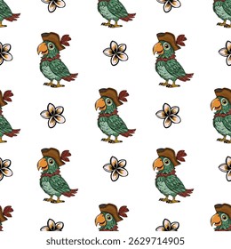 Seamless vector pattern featuring adorable cartoon parrots in pirate hats, interspersed with delicate plumeria flowers, creating a whimsical and playful tropical design.