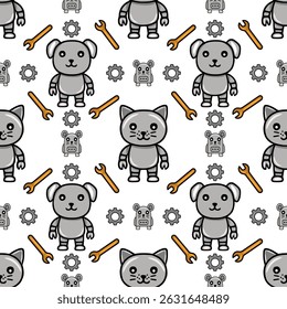 Seamless vector pattern featuring adorable robot animals – cats, dogs, and mice – alongside wrenches and gears, creating a playful, mechanical aesthetic.