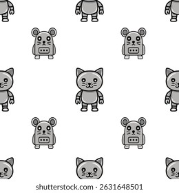 Seamless vector pattern featuring adorable robot animals: cats and mice in grayscale, perfect for kids textile design or playful backgrounds.