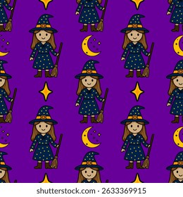 Padrão de vetor sem costura com bruxas de desenhos animados adoráveis em vestidos estrelados, segurando vassouras, contra um fundo roxo vibrante, complementado por luas de crescente e estrelas brilhantes.