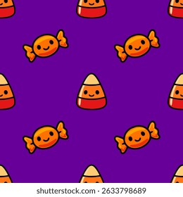 Seamless vector pattern featuring adorable cartoon candy corn and wrapped candies on a vibrant purple background, perfect for Halloween-themed designs.