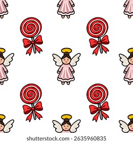 Seamless vector pattern featuring adorable cartoon angels and red lollipops with bows, perfect for festive Christmas or winter designs.