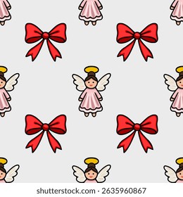 Seamless vector pattern featuring adorable cartoon angels in pink dresses and bright red bows, perfect for festive Christmas designs.