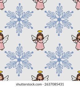 Seamless vector pattern featuring adorable angels playing flutes amidst stylized snowflakes, perfect for festive Christmas designs.