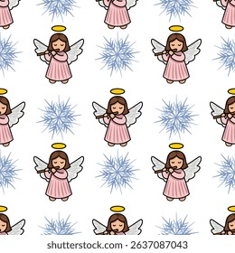 Seamless vector pattern featuring adorable angels playing flutes amidst stylized snowflakes, creating a charming Christmas design ideal for festive backgrounds and winter-themed projects.