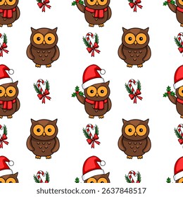 Seamless vector pattern featuring adorable cartoon owls in Santa hats, holding holly sprigs, alongside candy canes and festive bows, creating a charming Christmas design.