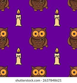 Seamless vector pattern featuring adorable brown owls holding golden keys and burning candles on a rich purple background, creating a whimsical Halloween or autumnal design.