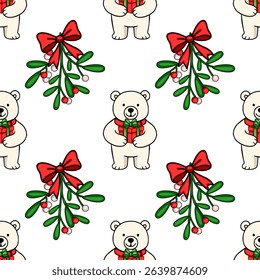 Seamless vector pattern featuring adorable polar bears holding gifts and mistletoe sprigs adorned with vibrant red bows, creating a charming Christmas design.