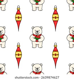 Seamless vector pattern featuring adorable polar bears in red scarves holding Christmas ornaments and stylized red and gold Christmas tree decorations on a white background, perfect for festive des...