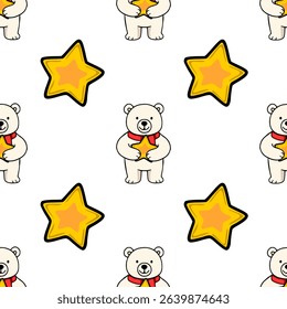 Seamless vector pattern featuring adorable polar bears in red scarves tenderly holding golden stars, creating a charming and festive design ideal for winter holidays or childrens products.